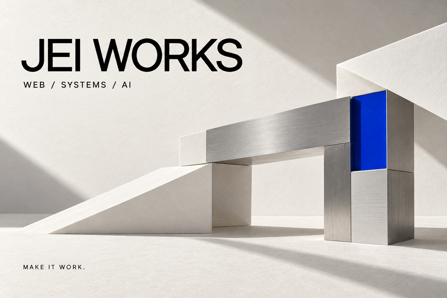 JEI WORKS 브랜드 이미지. 흰 종이와 금속 모듈을 연결한 구조와 코발트색 포인트.